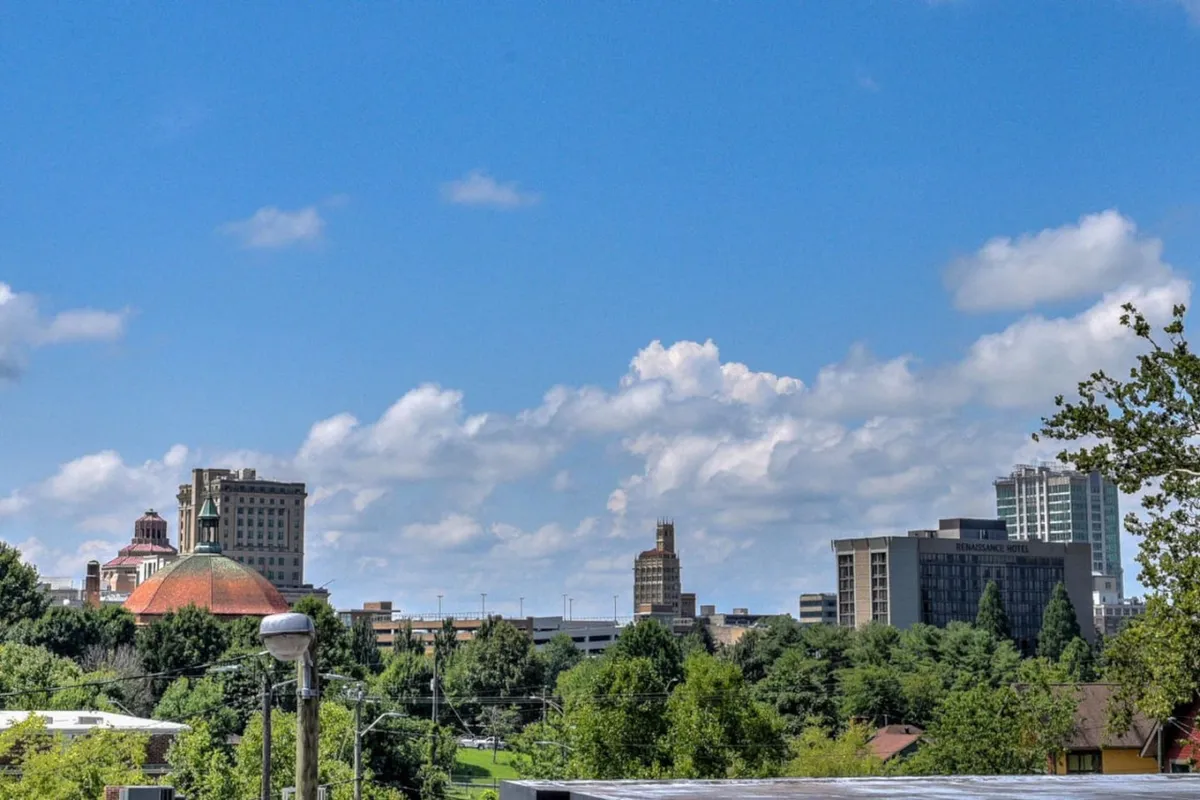 A panoramic city view featuring historic buildings with domes, modern skyscrapers, lush greenery, and an expansive blue sky. The dynamic scene conveys energy and the blend of old and new, suggesting the proximity of downtown Asheville and its vibrant offerings.