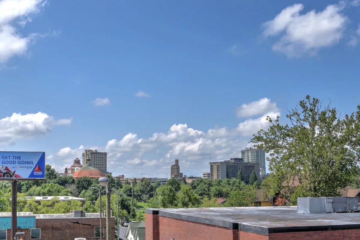 This image features the vibrant city skyline of Asheville, with green spaces in the foreground and a colorful billboard that hints at local culture and community events. The energetic atmosphere captures the sense of exploration and urban adventure.